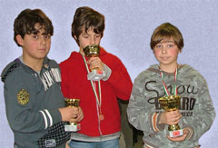 I primi tre classificati del torneo A assoluto: da sinistra a destra: Riccardo Basso (3°), Ciccio de Ciccis (2°) ed Enrico Zanotto (1°)