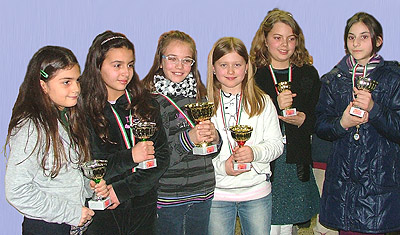 Le premiate del torneo femminile: da sinistra a destra: Rosa Sepe (1^ Zanella); Michela Dal Ferro (1^ Fogazzaro), Giulia Fochesato, 1^ assoluta, Camilla Consolaro, 2^ assoluta, Giulia Gasparotto, 3^ assoluta, Xhulia Bikigu (1^ Pertile)